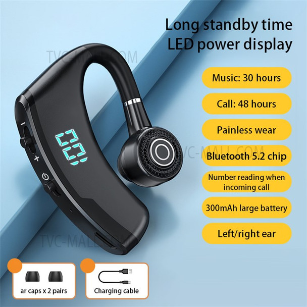 V9S Business Style Bluetooth Single Ear Headset LED Display Wireless Headphone Earphone with Battery Charging Case - Black