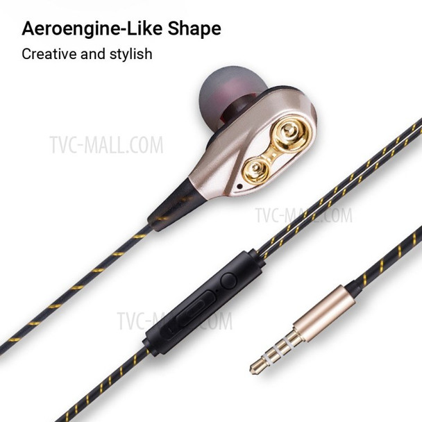Dual Moving Coils In-Ear Earphones with Mic Noise-Cancelling Wired Earbuds 1.2m Cable 3.5mm Connector - Gold
