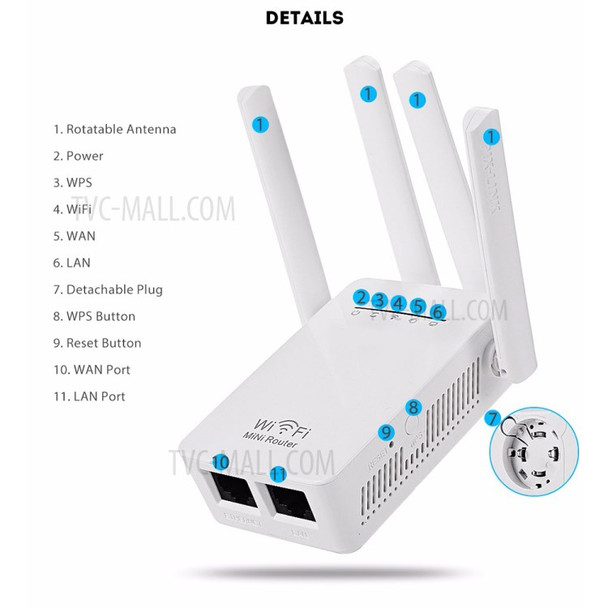 LV-WR09Q Wireless WiFi Repeater Router 300Mbps Network Signal Amplifier IEEE802.11 b/g/n with 4 Antenna WiFi Booster - EU Plug