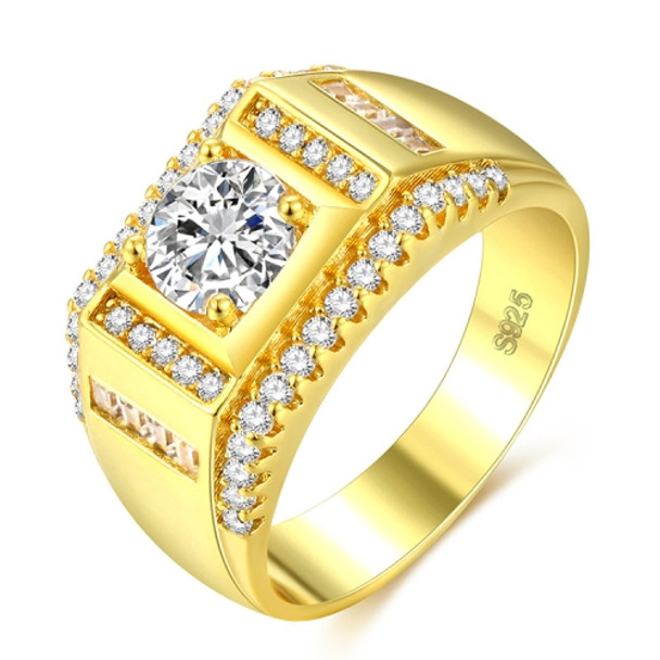 Fashion New Style Gold Plated + AAA Zircon Inlaid Rhinestone Men Diamond Ring, Size: 10, Diameter: 19.8mm, Perimeter: 62.1mm