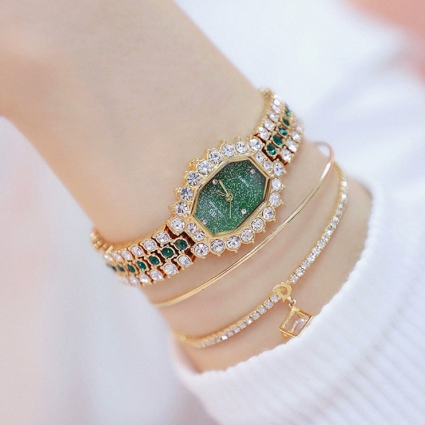 BS beesister FA1581 Women Octagonal Dial Diamond Plated Rhinestone Bracelet Quartz Watch(Gold Shell Green Diamond)