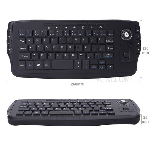 2.4G Wireless Keyboard Multimedia 1200DPI Trackball Air Mouse for Laptop PC - Black