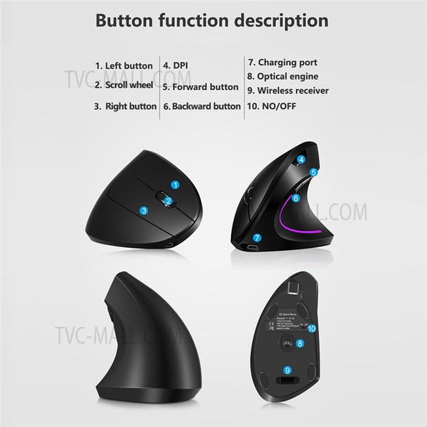 2.4G Wireless Vertical Mouse Rechargeable Mouse with 3 Adjustable DPI Levels and Auto Sleep - Black