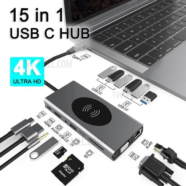 15-in-1 USB C Hub 10W Wireless Charger Type C to 4K Resolution HD Video 1080P VGA PD TF 3.5mm Adapter USB 3.0 Splitter 1000M RJ45