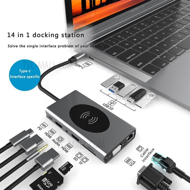 14-in-1 USB C 76yu6y[ USB Type-C to 4K HDMI 1080P VGA PD TF 3.5mm Adapter USB 3.0 Splitter 1000M RJ45