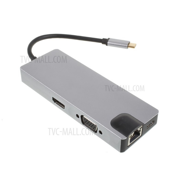 Multi-functional 8-in-1 Type-C Adapter with LAN + Type-C + SD/TF Card + 2 USB 3.0 + HDMI + VGA Ports