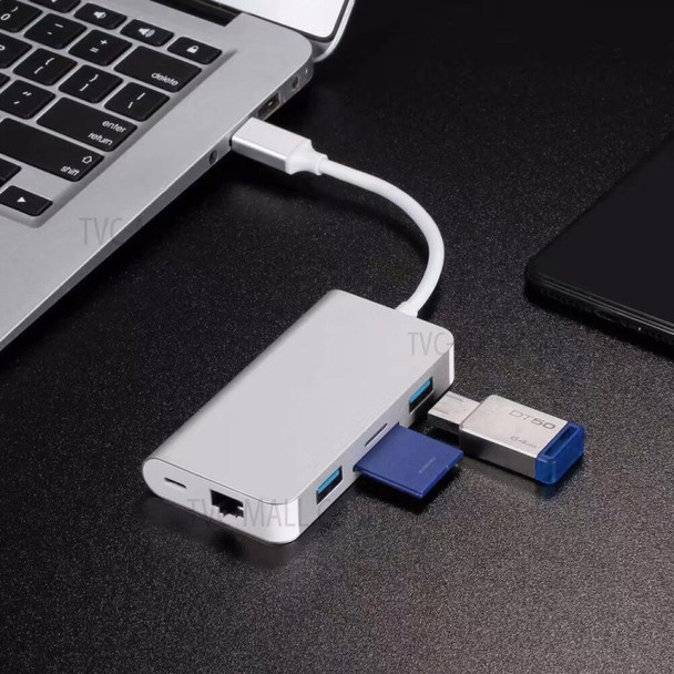 CY UC-089 6-in-1 USB-C Type-C to RJ45 + USB3.0*2 Ports Hub + TF/SD Card Reader + Type-C Charger Multiport Adapter - White