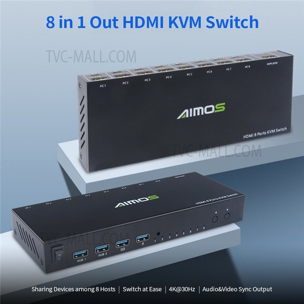 AIMOS 8 in 1 Out HDMI KVM Switch Sharing Adapter Keyboard Mouse Printer among 8 Hosts Sync Output