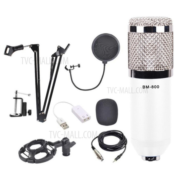Condenser Microphone Audio Professional Kit Studio Recording Set with Stand - White