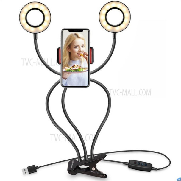 2 in 1 Mobile Phone Holder Stand Desktop Clip Photography 3 Modes Dimmable LED Selfie Light