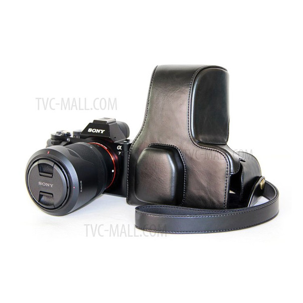 PU Leather Camera Protective Case + Strap for Sony Alpha A72/ A7R2 /A7S2 Digital Camera - Black