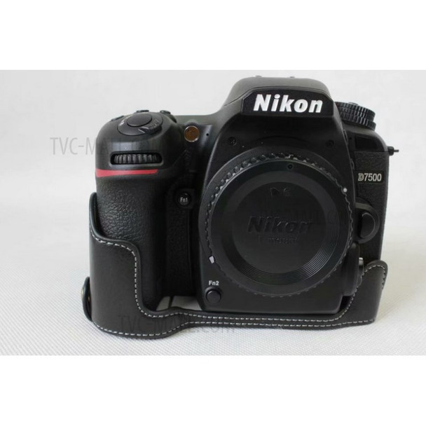 Genuine Cowhide Leather Half Protective Case for Nikon D7500 Digital SLR Camera - Black