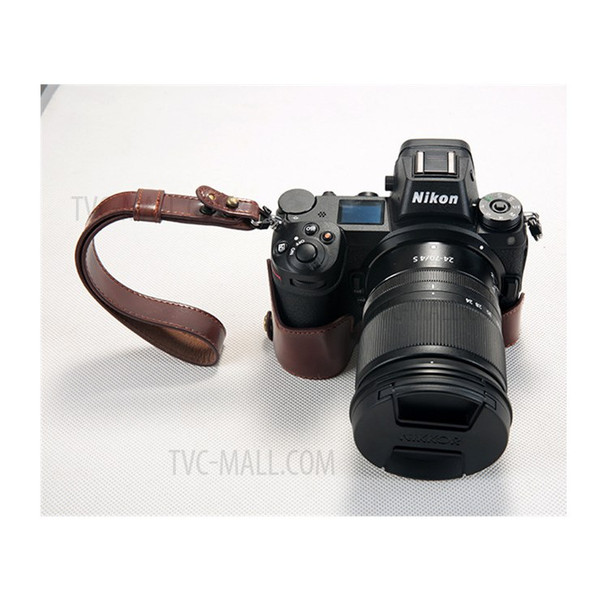 Bottom Opening PU Leather Half Camera Case with Strap for Nikon Z7 Camera - Coffee