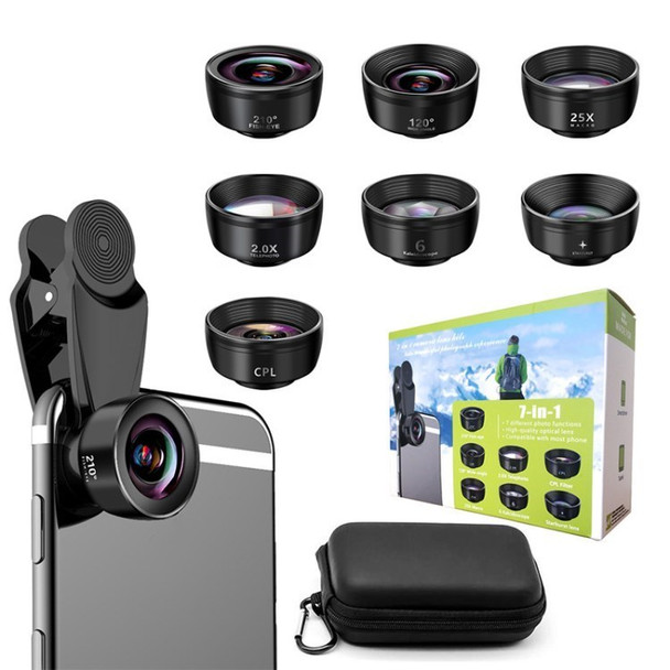 7-in-1 Clip-On Cell Phone Camera Lens Kit Telephoto, Fish Eye, Kaleidoscope, Wide Angle, X-Wide Angle, CPL, & Macro Lens - 7-in-1