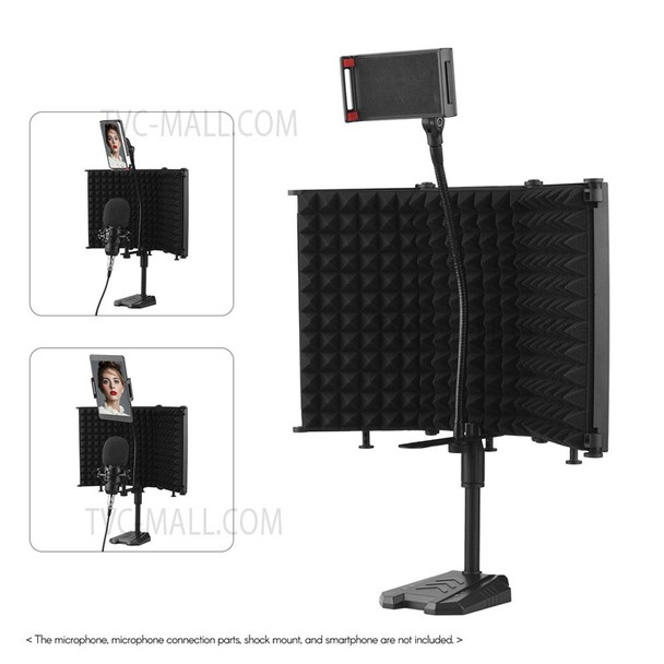 Microphone Isolation Shield Mic Windscreen 3-Panel Sound Absorbing Foam Reflector with Supporting Rod Base Phone Clip 5/8 Inch Screw Adapter