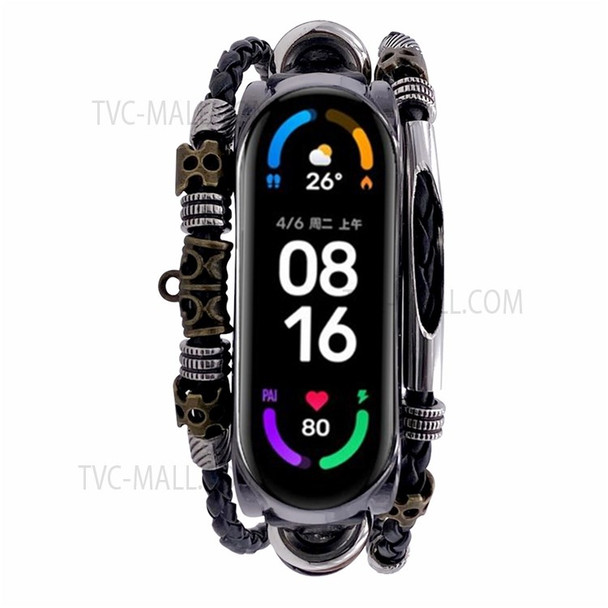 Zinc Alloy Frame + Leather Strap Replacement Beading Bracelet Retro Wrist Band for Mi Band 5/6/6 NFC - Style 1