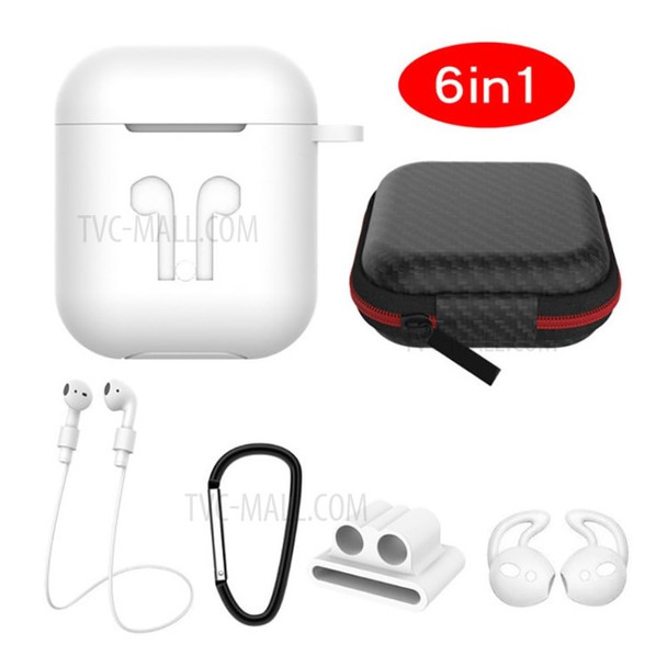 6 in 1 Bluetooth Earphone Neck Strap Storage Case Silicone Case for Apple AirPods with Wireless Charging Case (2019) / AirPods with Charging Case (2019) (2016) - White
