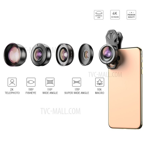 APEXEL 5 in 1 Cellphone Lens Kit 195° Fisheye Lens 110° Wide Angle Lens 10X Macro Lens 2X Telephoto Lens 170° Super Wide Angle Lens (APL-HB5IN1)