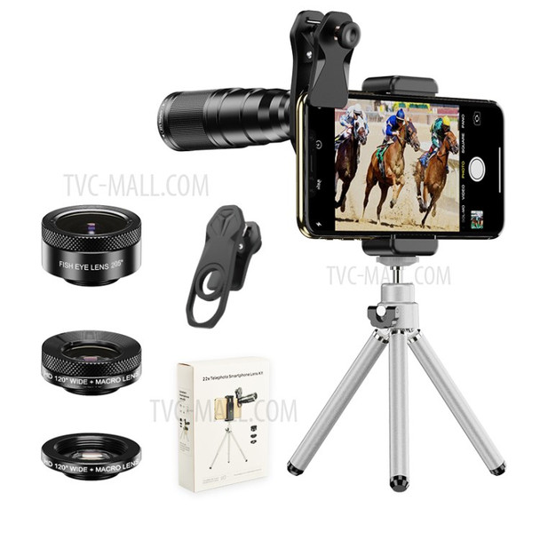 APEXEL Phone Camera Lens Kit, 22X Telephoto Lens + 120° Wide Angle Lens + 25X Macro Lens + 205° Fish Eye Lens