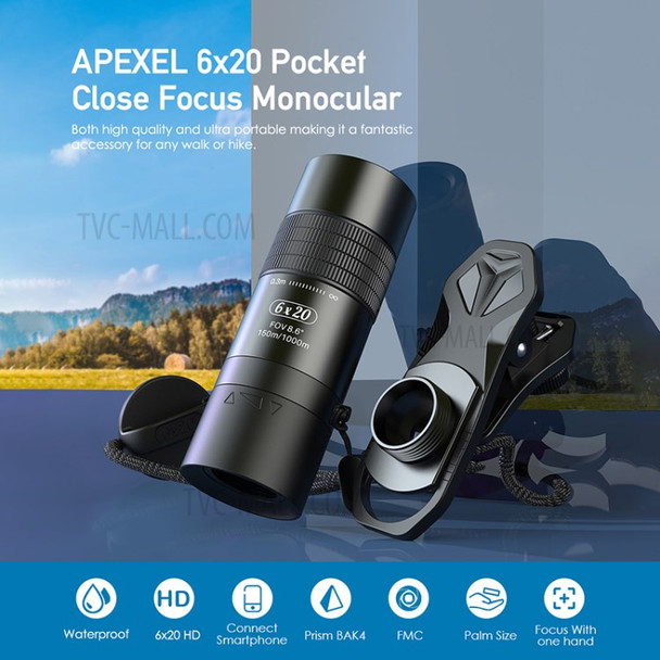 APEXEL APL-JS 6X Zoom Mini Monocular Phone Lenses Closest Focus Telescope with Lanyard for Tourism Camping Birdwatching