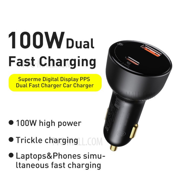 BASEUS Superme Digital Display PPS Dual Quick Charger U+C Car Charger and Type-C to Type-C 100W Cable (20V/5A) 1m