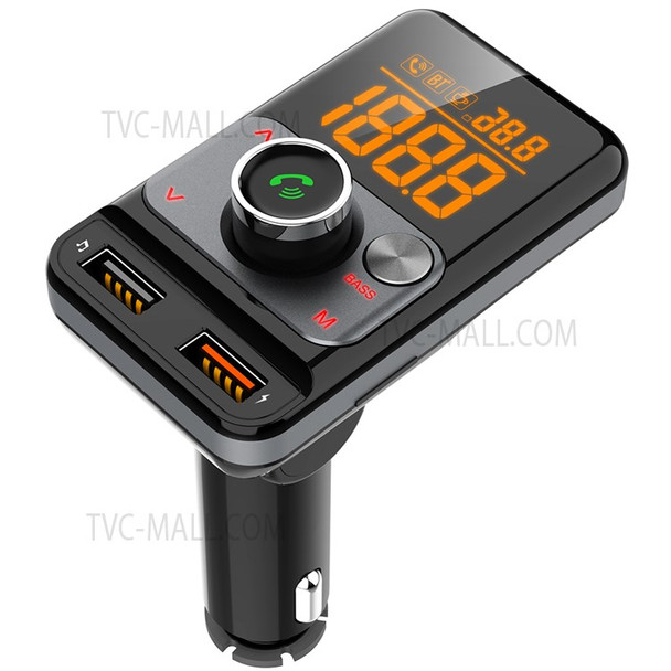 BT79DS Bluetooth 5.0 FM Transmitter 1.44 inch Display Phone Charging Adapter 18W QC3.0 USB Fast Charger Handsfree Car Kit with Fatigue Alarm