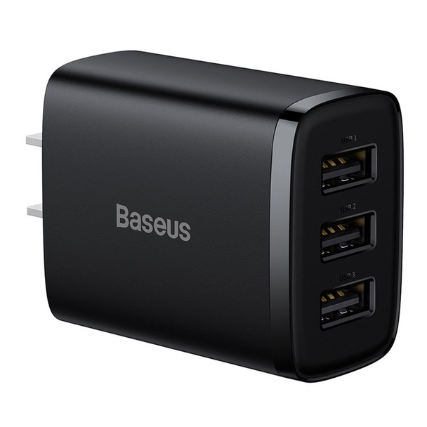 BASEUS Compact Charger 3 USB Ports 17W Power Adapter, CN Plug - Black