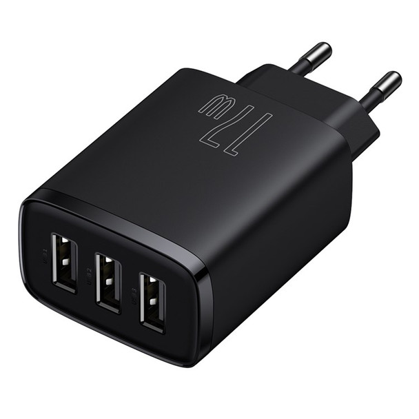 BASEUS Compact Charger with 3 USB Ports Wall Charger 17W Power Adapter, EU Plug - Black