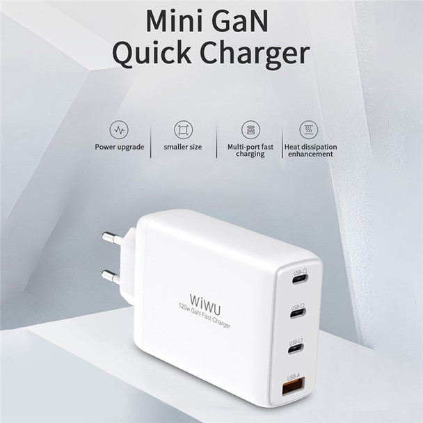 WIWU TR257-A 3xType-C+USB Portable Wall Charger 120W GaN Power Adapter - EU Plug