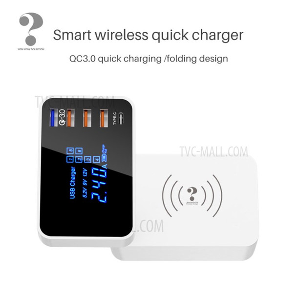 WIN HOW SOLUTION YC-CDA33Q UK Plug QC3.0 USB Type-C Mobile Phone Charger Hub QI Wireless Charger Base with LED Display (CE Certificated)