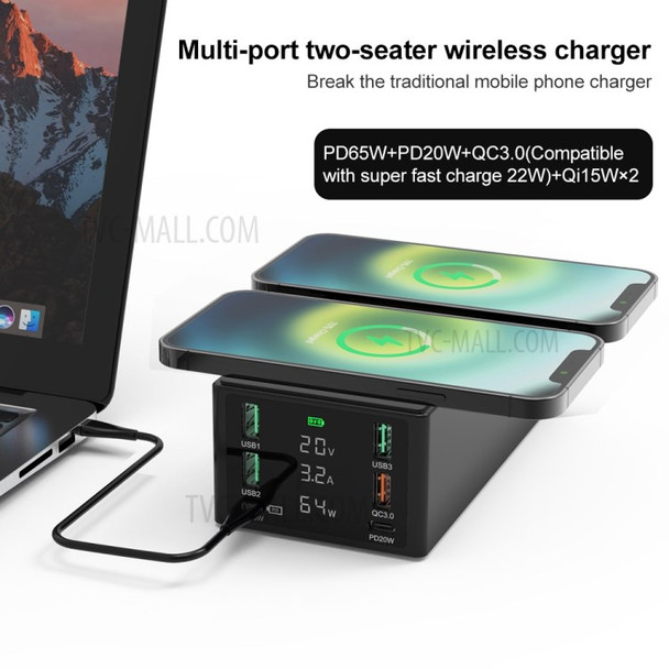 HHW-888W Dual Wireless Charging Dock USB-A USB-C QC3.0 PD Charger Hub LED Display Phone Tablet Laptop Fast Charging Station - Black/US Plug