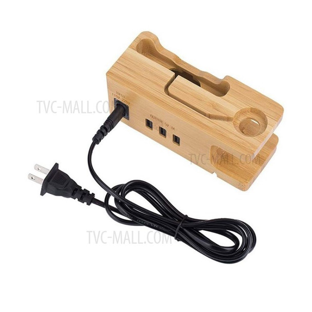 Wooden USB Phone Charger Station 3 Ports 5V/3A USB Hub Charging Dock - Wood Color/US Plug