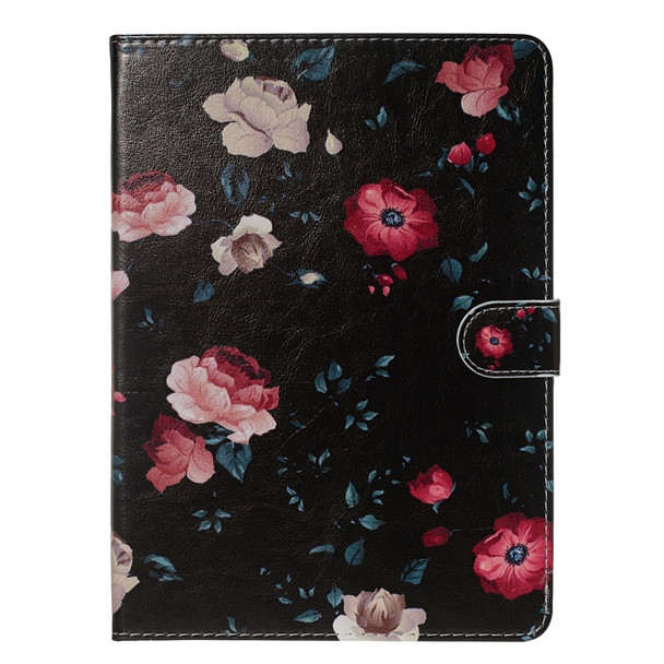 For Amazon Kindle HD10 2017 Colored Drawing Pattern Horizontal Flip PU Leather Case with Holder & Card Slots(Black Backgroud Flower)