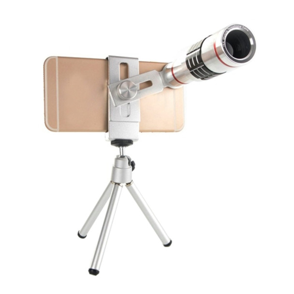 Universal 18X Magnification Lens Mobile Phone 3 in 1 Telescope + Tripod Mount + Mobile Phone Clip, For iPhone, Galaxy, Huawei, Xiaomi, LG, HTC and Other Smart Phones(Silver)