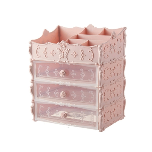 Plastic Cosmetic Drawer Container Makeup Organizer Box Jewelry Nail Holder Home Desktop Sundry Storage Case(Transparent Pink Three Layer)