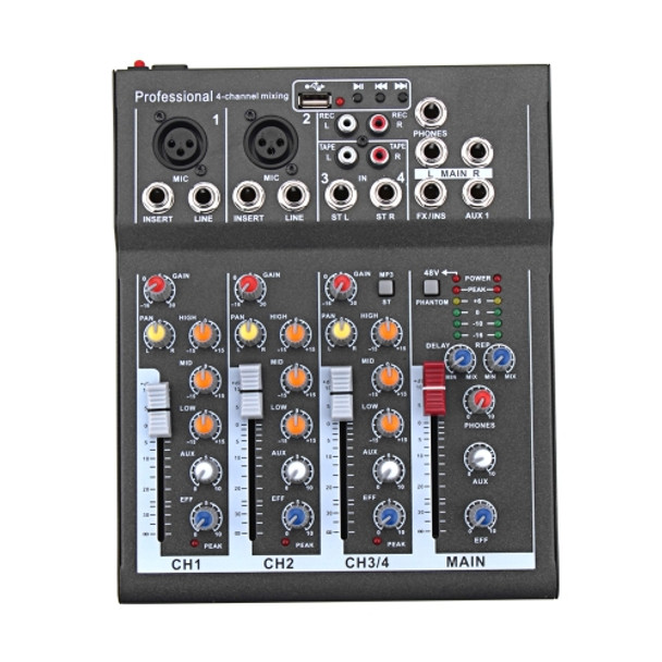 4 Channel Professional Karaoke Audio Mixer Amplifier Mini Microphone Sound Mixing Console with USB 48V Phantom Power Supply