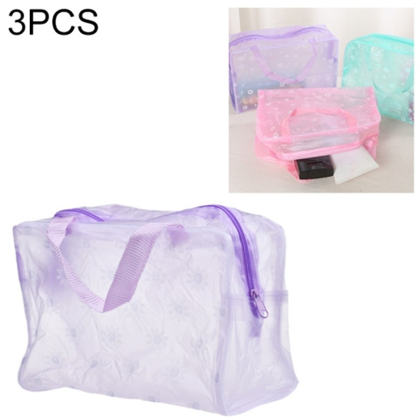 3 PCS Make Up Organizer Bag Toiletry Bathing Storage Bag Women Waterproof Transparent Floral PVC Travel Cosmetic Bag(Purple)