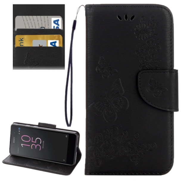 For Sony Xperia E5 Butterflies Embossing Horizontal Flip Leather Case with Holder & Card Slots & Wallet & Lanyard(Black)