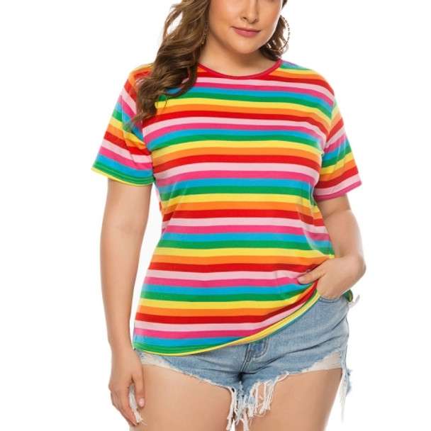 Large Size Women Rainbow Stripe Loose Comfortable T-shirt (Color:Red Size:XXXL)