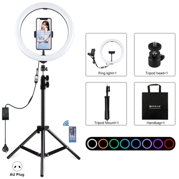 PULUZ 1.1m Tripod Mount + 12 inch RGB Dimmable LED Ring Vlogging Selfie Photography Video Lights Live Broadcast Kits with Cold Shoe Tripod Ball Head & Phone Clamp(AU Plug)
