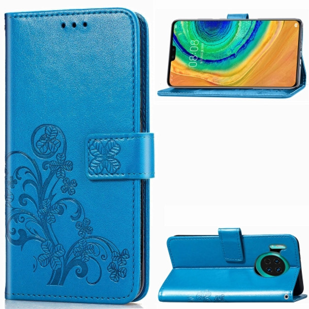 For Huawei Mate 30 Four-leaf Clasp Embossed Buckle Mobile Phone Protection Leather Case with Lanyard & Card Slot & Wallet & Bracket Function(Blue)