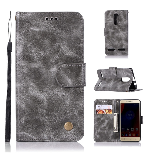 For Lenovo K6 Retro Copper Button Crazy Horse Horizontal Flip PU Leather Case with Holder & Card Slots & Wallet & Lanyard(Gray)