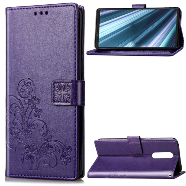 Lucky Clover Pressed Flowers Pattern Leather Case for Sony Xperia 1 / Xperia XZ4, with Holder & Card Slots & Wallet & Hand Strap (Purple)