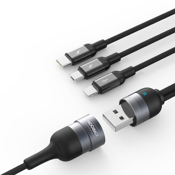 JOYROOM S-M401 Multifunction Series 3 in 1 3.5A USB-C / Type-C / 8 Pin / Micro USB to USB Weave Data Cable, Length: 1.2m+0.3m (Black)