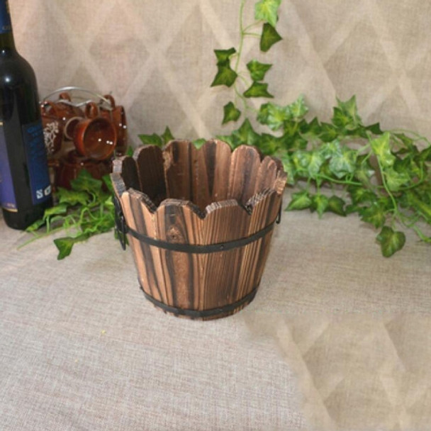 Balcony Vegetable Succulent Carbonized Wood Flower Pot Retro Small Wooden Bucket Home Decoration, Size:L, Style:Wave Mouth