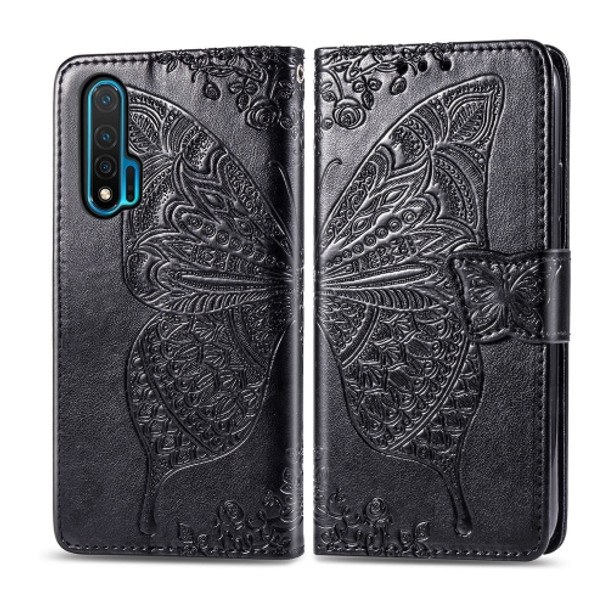 For Huawei Nova 6 Butterfly Love Flower Embossed Horizontal Flip Leather Case with Bracket / Card Slot / Wallet / Lanyard(Black)