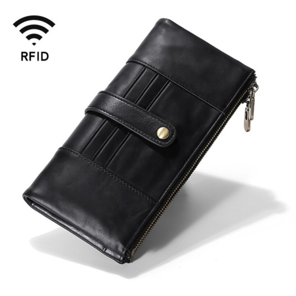 TP-198 Long Hand Leather Wallet Antimagnetic RFID Dual Zipper Wallet(Black)