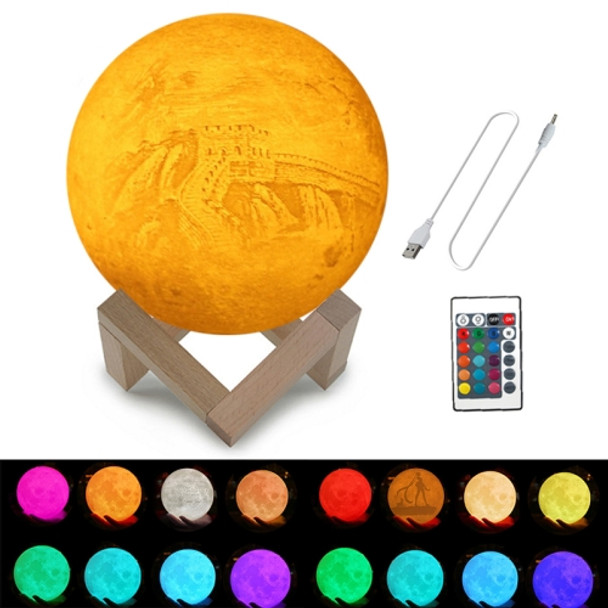 Customized 16-colors 3D Print Moon Lamp USB Charging Energy-saving LED Night Light with Remote Control & Wooden Holder Base, Diameter:18cm