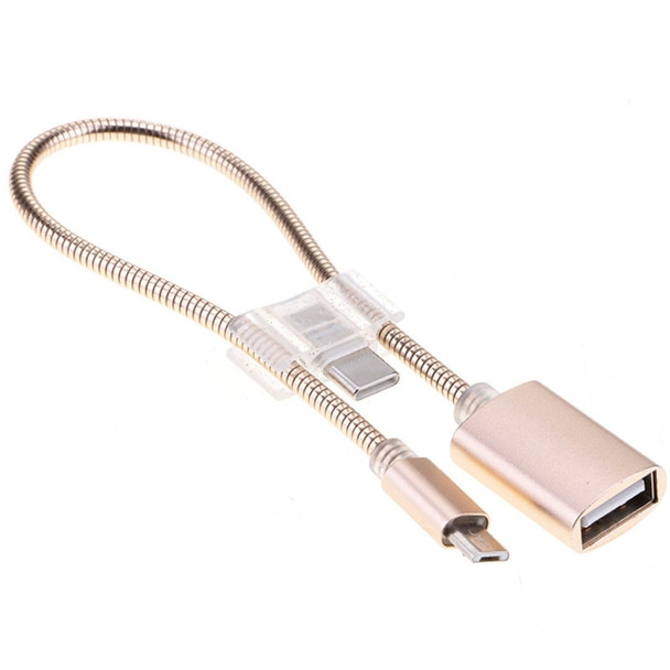 24cm 2A Micro USB to USB Aluminum Alloy Hose OTG Adapter Data Charging Cable with USB-C / Type-C Connector, For Galaxy, Huawei, Xiaomi, HTC, Sony, LG and Other Smartphones(Gold)