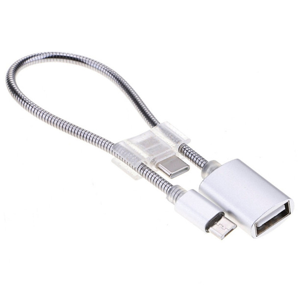 24cm 2A Micro USB to USB Aluminum Alloy Hose OTG Adapter Data Charging Cable with USB-C / Type-C Connector, For Galaxy, Huawei, Xiaomi, HTC, Sony, LG and Other Smartphones(Silver)